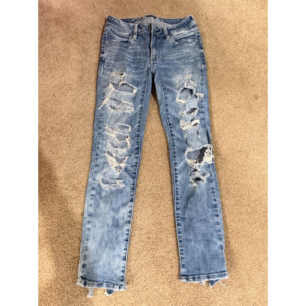 American Eagle Womens Jegging Ankle Highly Ripped Acid Wash Light Jeans Size 00